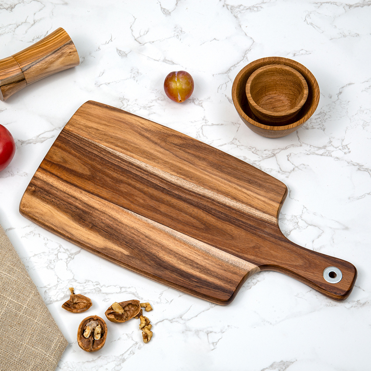 Acacia Wood Cutting Board 37.5cm – Natural Wooden Chopping Board with Handle for Kitchen, Serving & Food Styling
